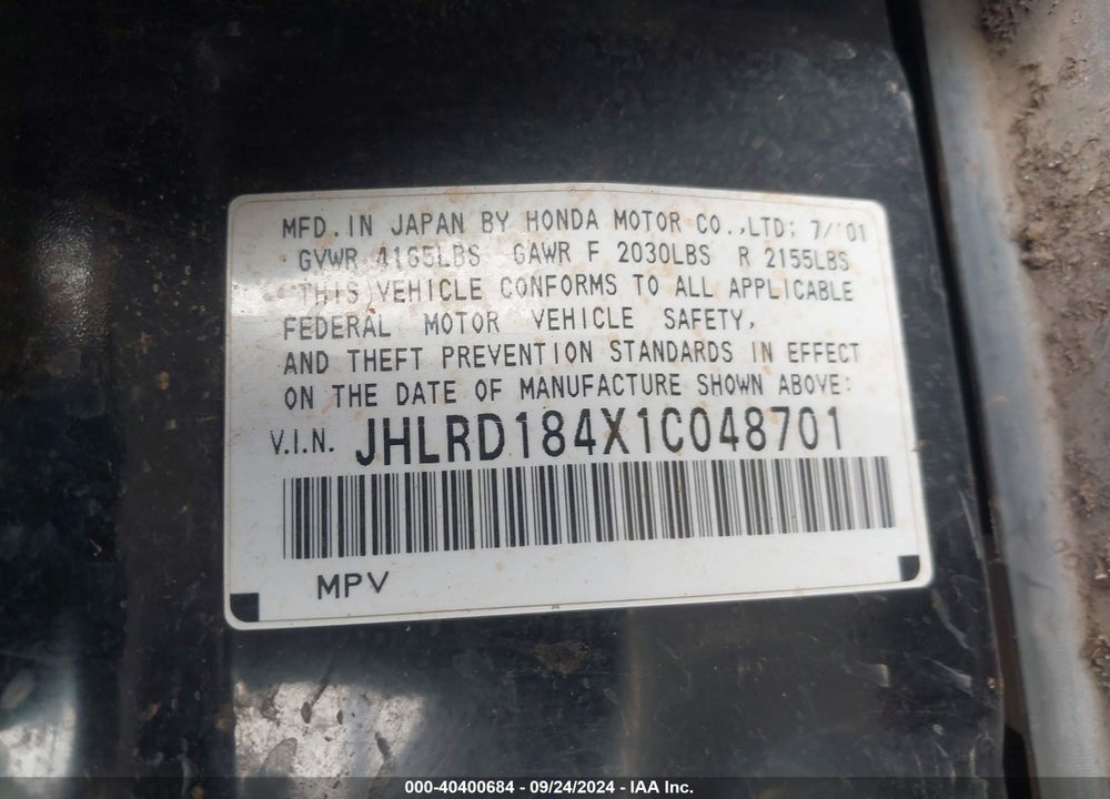 2001 HONDA CR-V LX VIN: JHLRD184X1C048701