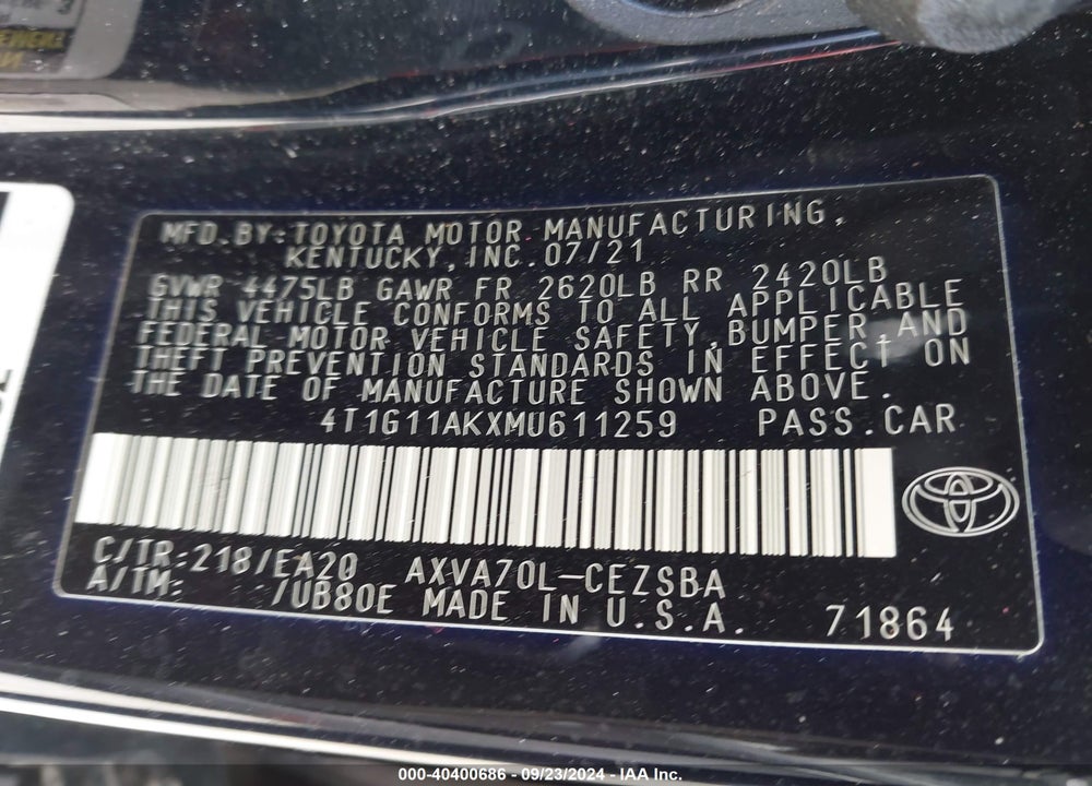 2021 TOYOTA CAMRY SE VIN: 4T1G11AKXMU611259