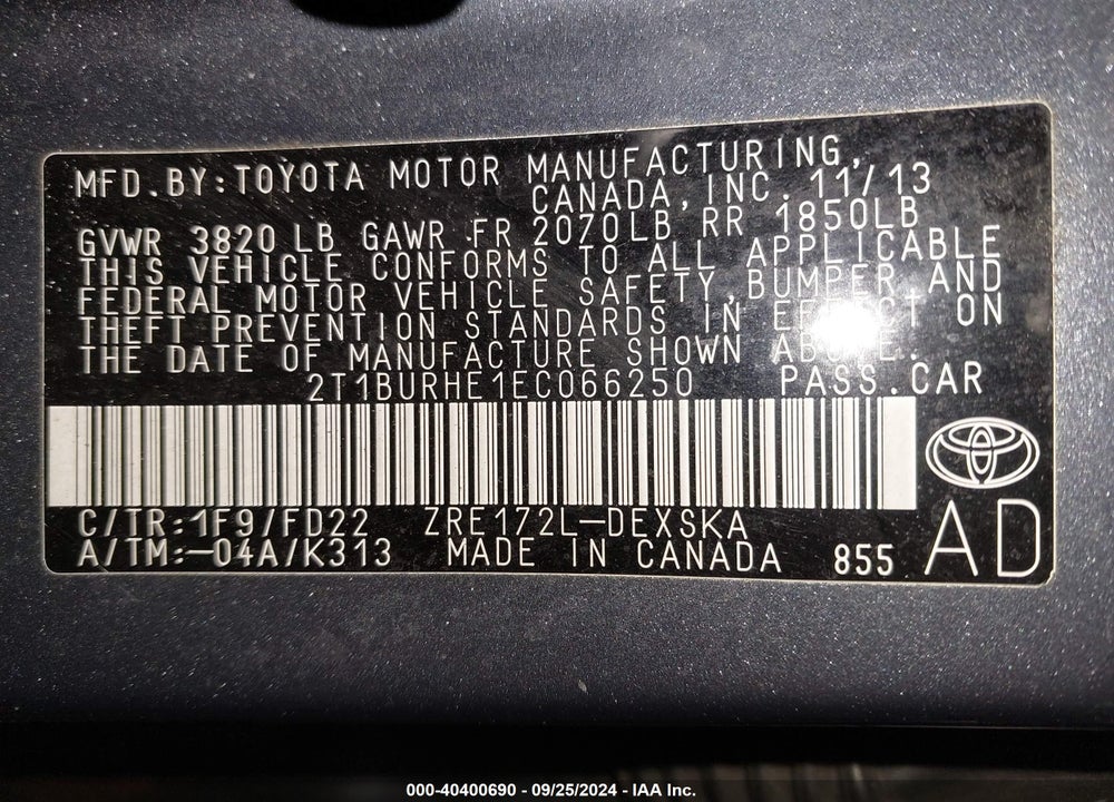 2014 TOYOTA COROLLA S PLUS VIN: 2T1BURHE1EC066250