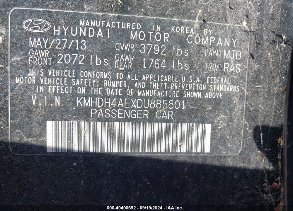 2013 HYUNDAI ELANTRA LIMITED VIN: KMHDH4AEXDU885801