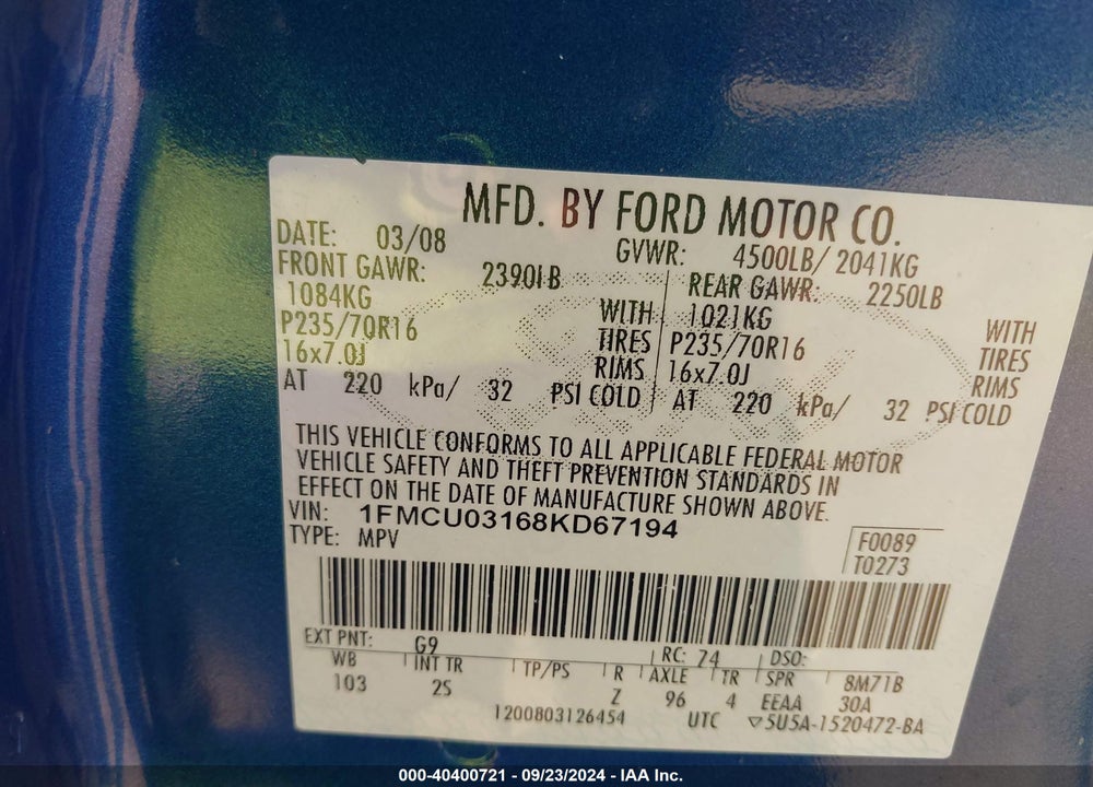 2008 FORD ESCAPE XLT VIN: 1FMCU03168KD67194