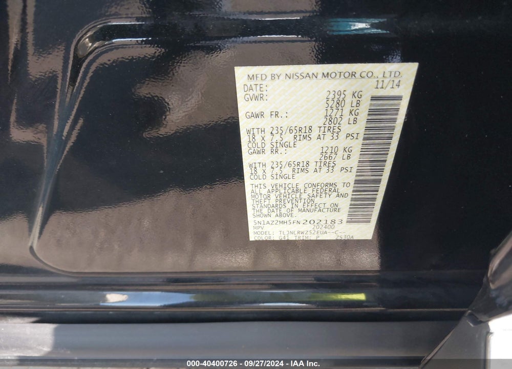 2015 NISSAN MURANO PLATINUM/S/SL/SV VIN: 5N1AZ2MH5FN202183