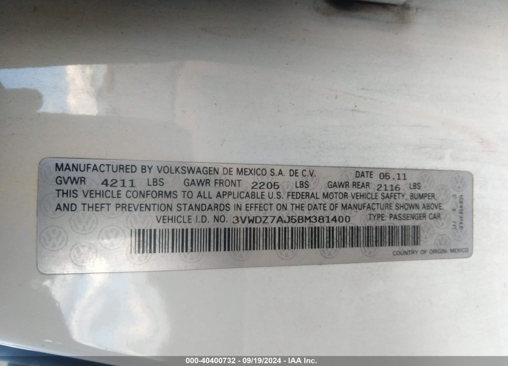 2011 VOLKSWAGEN JETTA 2.5L SE VIN: 3VWDZ7AJ5BM381400