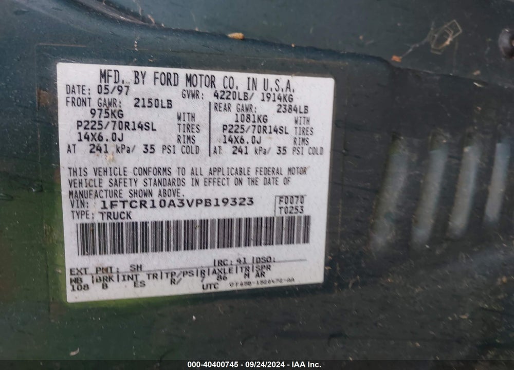 1997 FORD RANGER SPLASH/XL/XLT VIN: 1FTCR10A3VPB19323