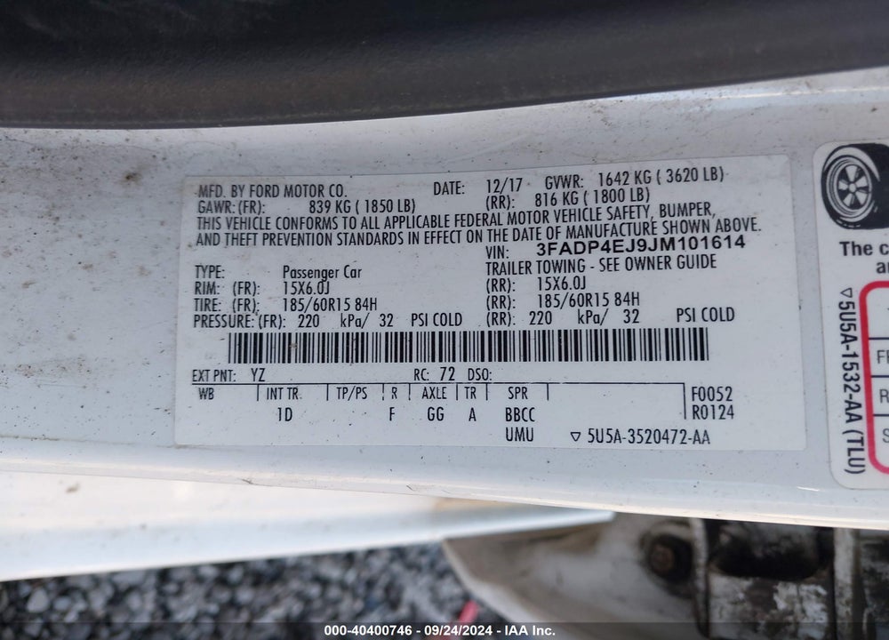 2018 FORD FIESTA SE VIN: 3FADP4EJ9JM101614