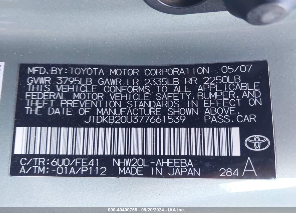 2007 TOYOTA PRIUS VIN: JTDKB20U377661539