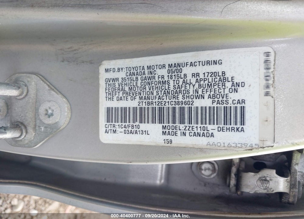 2001 TOYOTA COROLLA CE VIN: 2T1BR12E21C389602