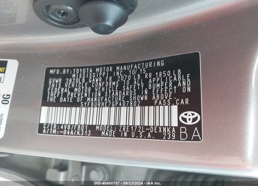 2016 TOYOTA COROLLA LE PLUS VIN: 5YFBURHE7GP407802