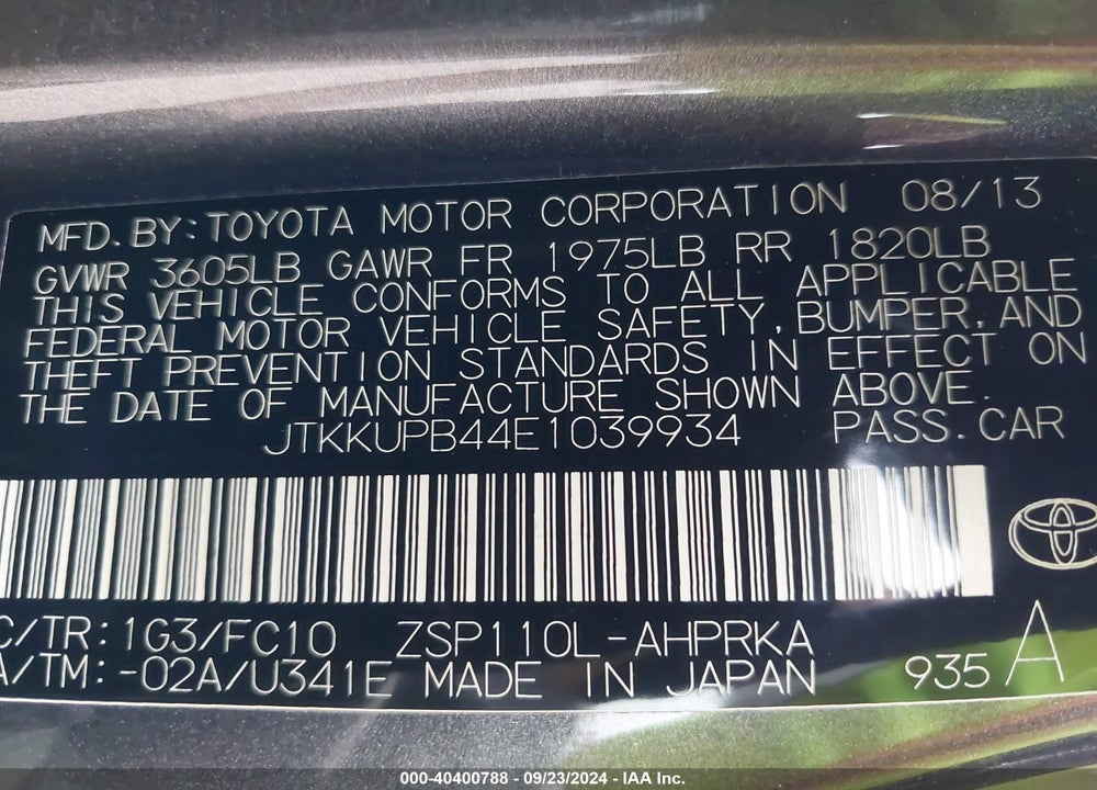 2014 SCION XD VIN: JTKKUPB44E1039934