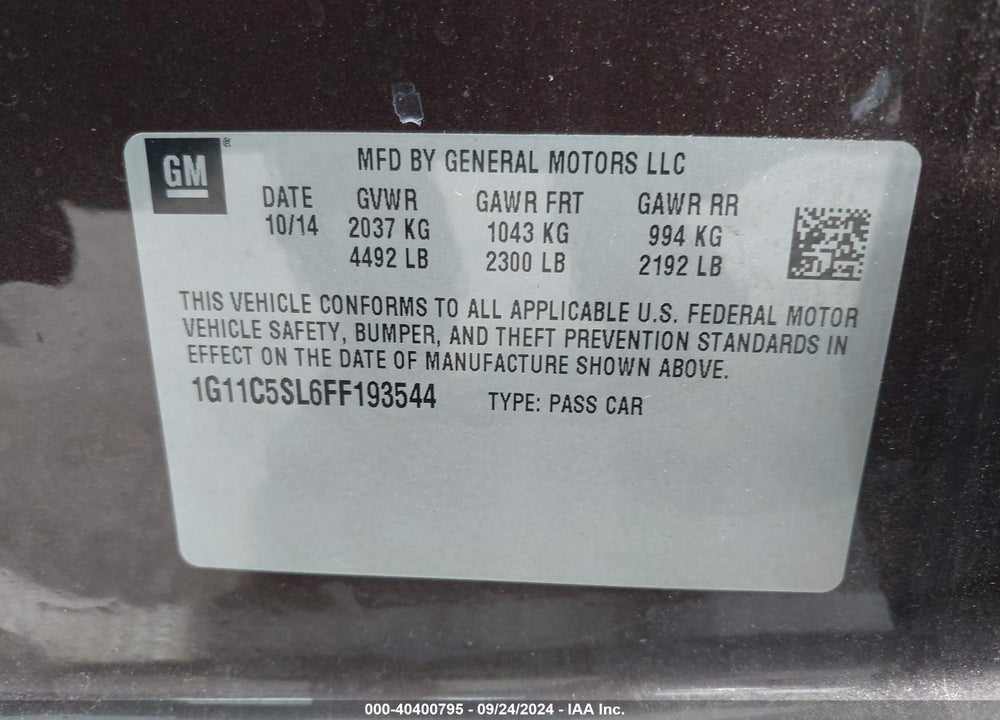 2015 CHEVROLET MALIBU 1LT VIN: 1G11C5SL6FF193544