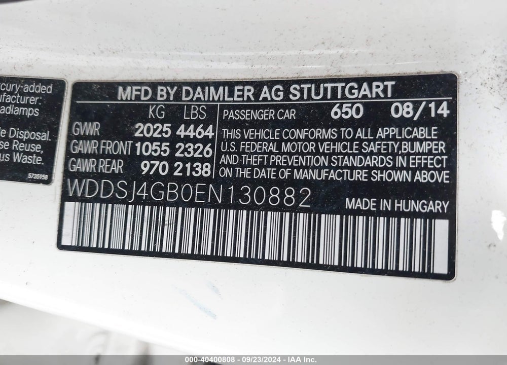 2014 MERCEDES-BENZ CLA 250 4MATIC VIN: WDDSJ4GB0EN130882