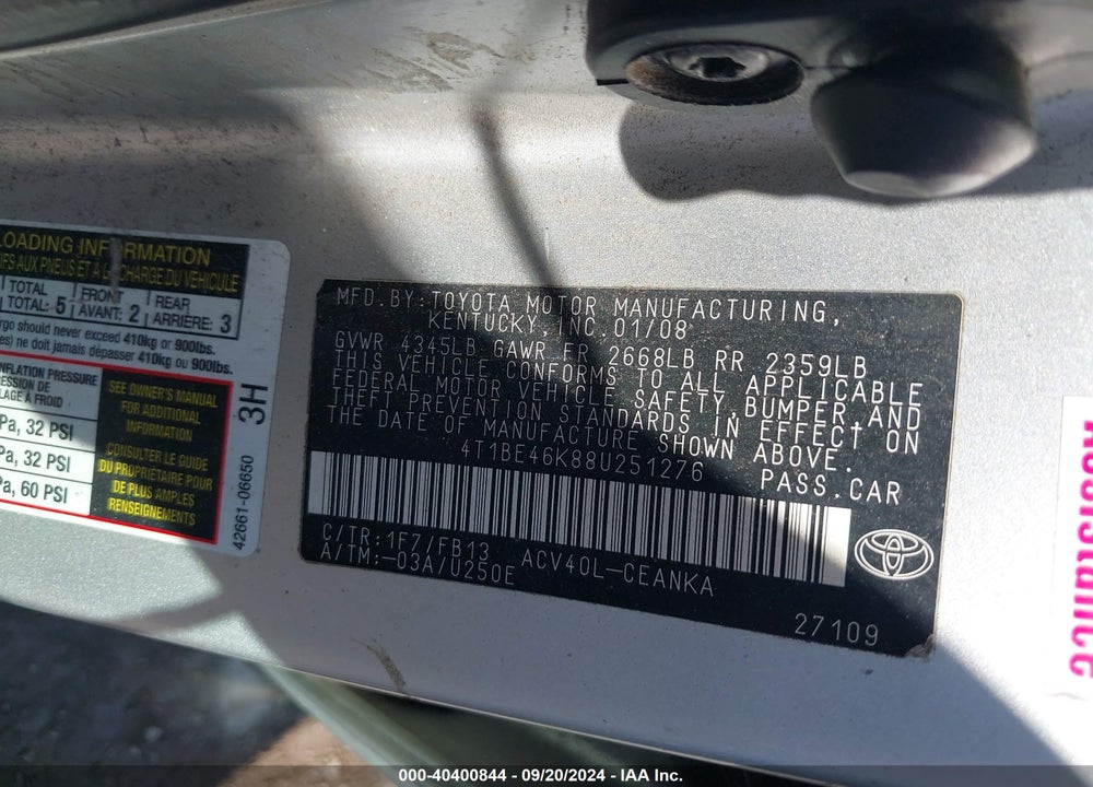 2008 TOYOTA CAMRY LE VIN: 4T1BE46K88U251276