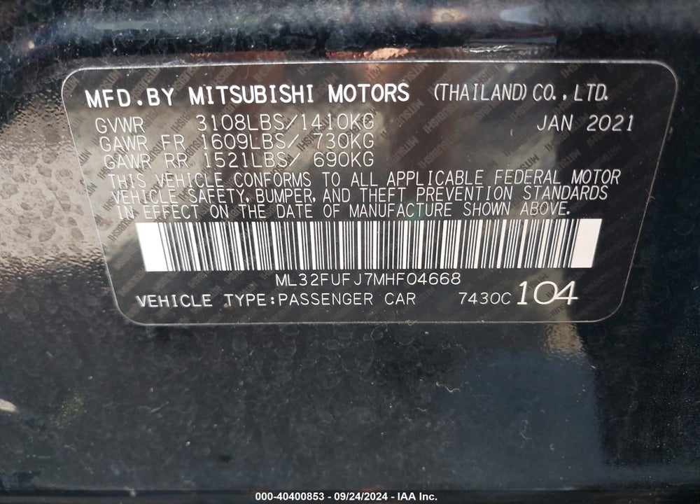 2021 MITSUBISHI MIRAGE G4 CARBONITE EDITION/ES/LE VIN: ML32FUFJ7MHF04668