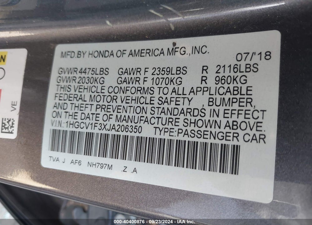 2018 HONDA ACCORD SPORT VIN: 1HGCV1F3XJA206350
