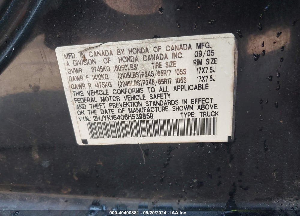 2006 HONDA RIDGELINE RTS VIN: 2HJYK16406H539859