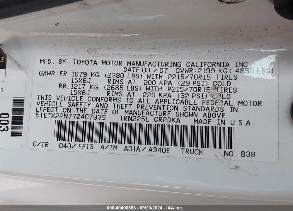2007 TOYOTA TACOMA VIN: 5TETX22N77Z407935