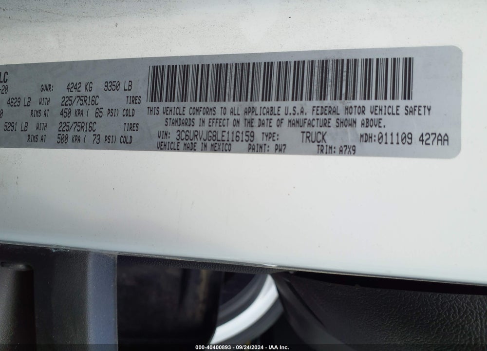 2020 RAM PROMASTER 3500 VIN: 3C6URVJG8LE116159