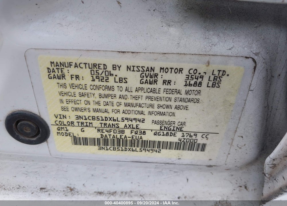 2006 NISSAN SENTRA 1.8S VIN: 3N1CB51DX6L594942
