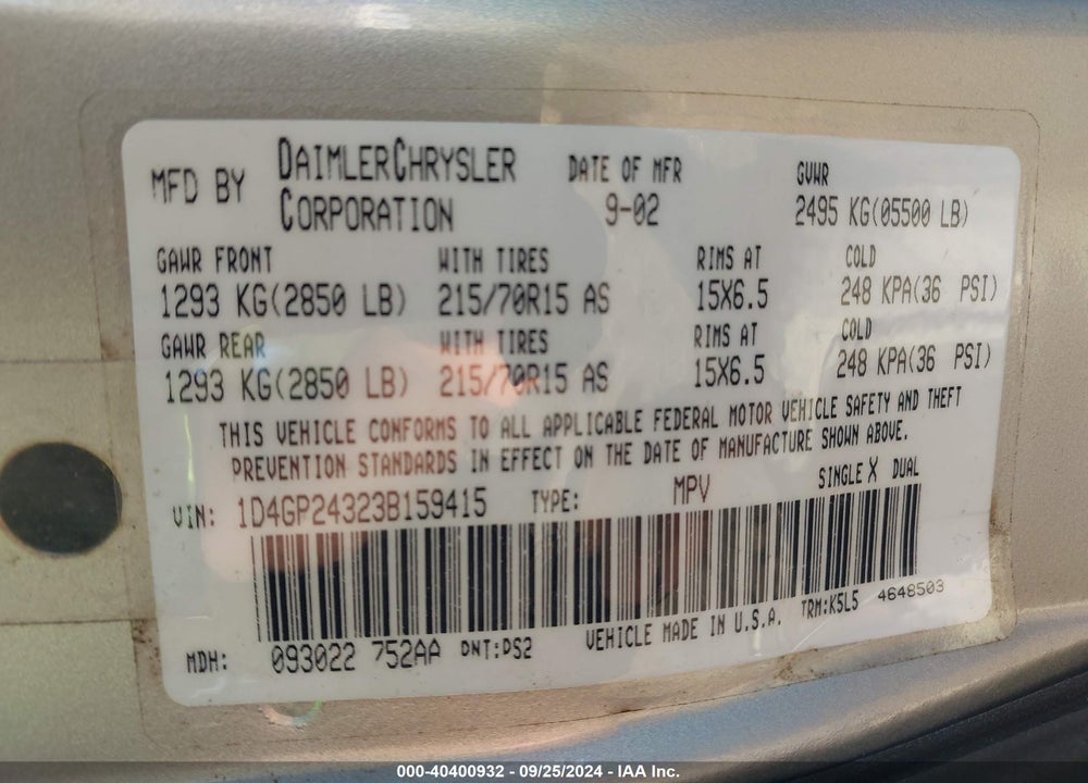 2003 DODGE GRAND CARAVAN SE VIN: 1D4GP24323B159415