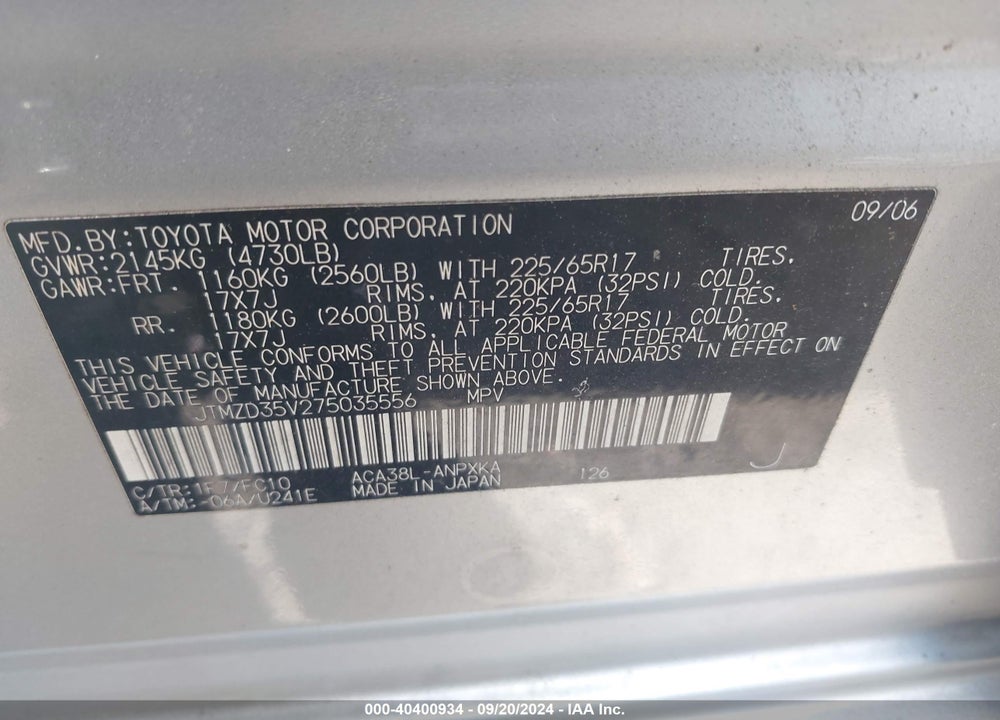 2007 TOYOTA RAV4 VIN: JTMZD35V275035556