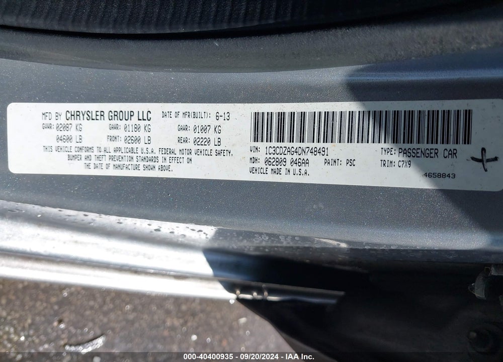 2013 DODGE AVENGER SE V6 VIN: 1C3CDZAG4DN748491