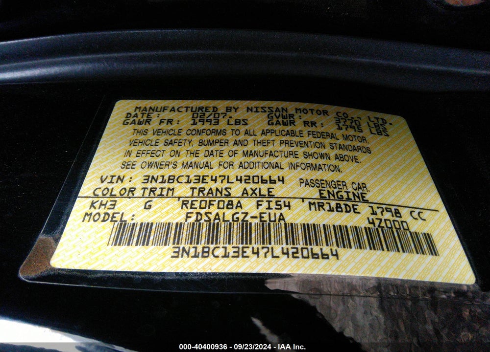 2007 NISSAN VERSA 1.8SL VIN: 3N1BC13E47L420664