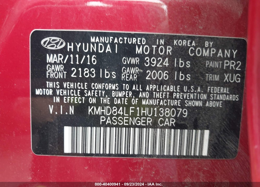 2017 HYUNDAI ELANTRA SE VIN: KMHD84LF1HU138079