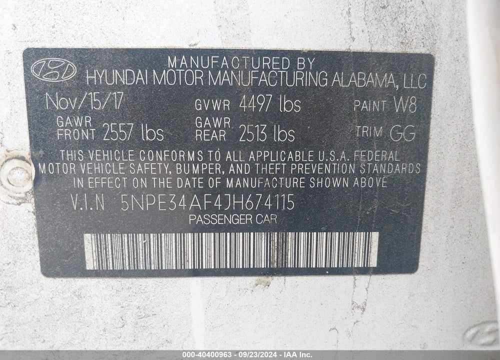 2018 HYUNDAI SONATA SEL VIN: 5NPE34AF4JH674115