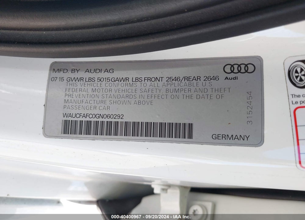 2016 AUDI A6 VIN: WAUCFAFC0GN060292