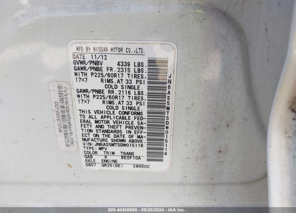 2013 NISSAN ROGUE SV VIN: JN8AS5MT5DW015116