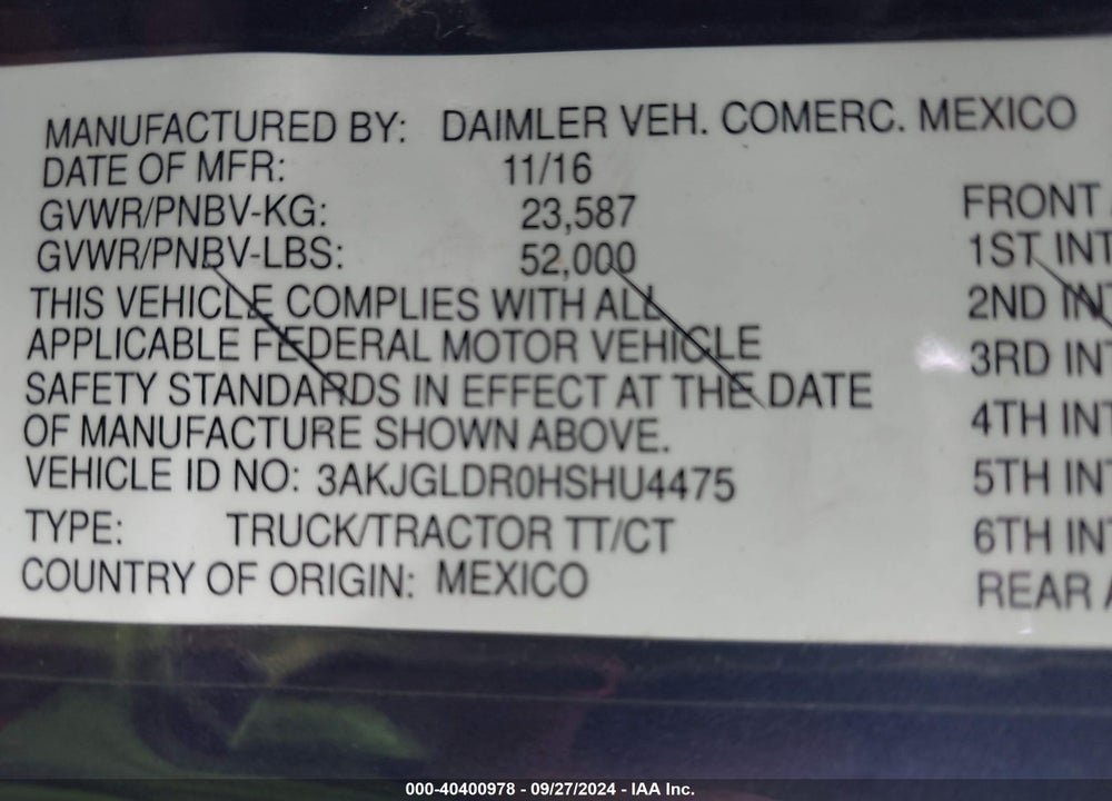 2017 FREIGHTLINER CASCADIA 125 VIN: 3AKJGLDR0HSHU4475