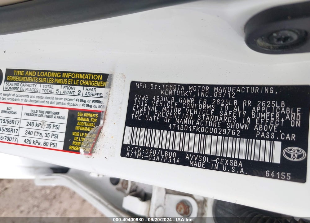 2012 TOYOTA CAMRY HYBRID XLE VIN: 4T1BD1FK0CU029762