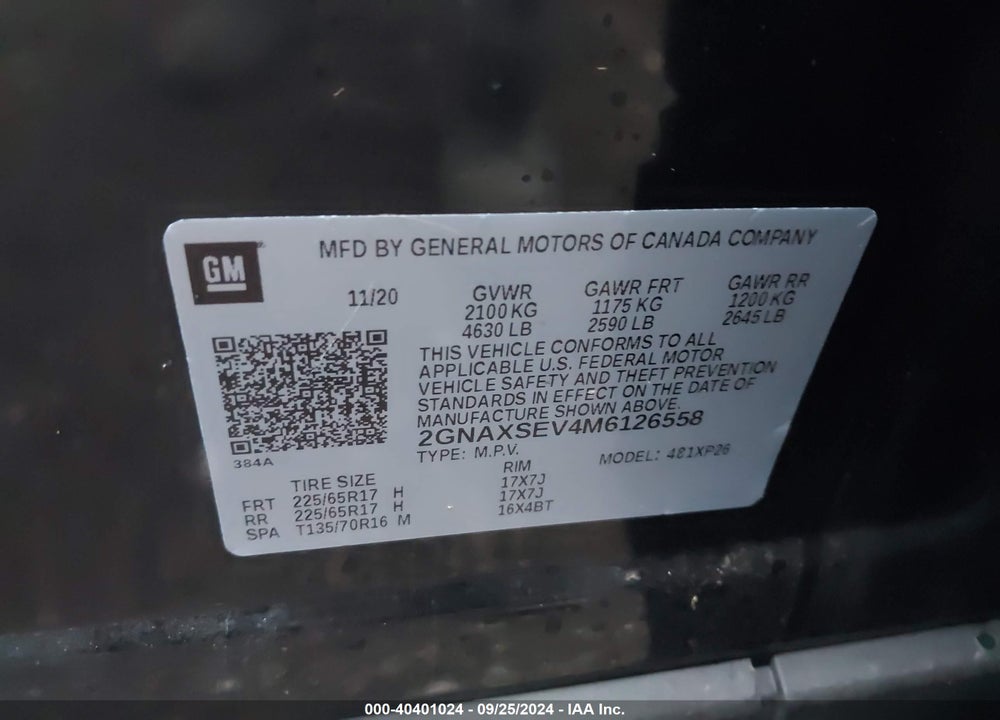 2021 CHEVROLET EQUINOX AWD LS VIN: 2GNAXSEV4M6126558