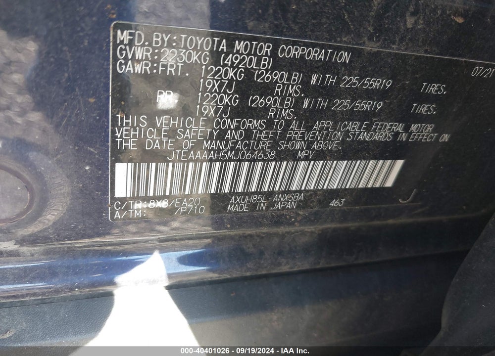 2021 TOYOTA VENZA LIMITED VIN: JTEAAAAH5MJ064638