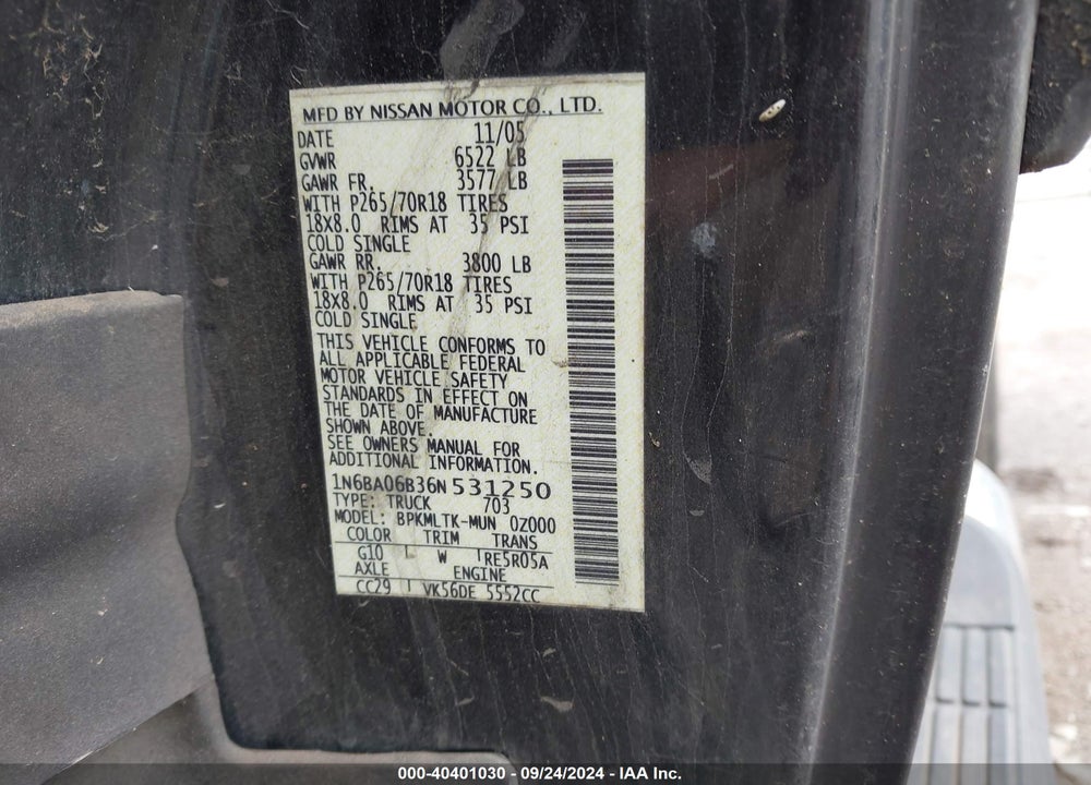 2006 NISSAN TITAN SE VIN: 1N6BA06B36N531250