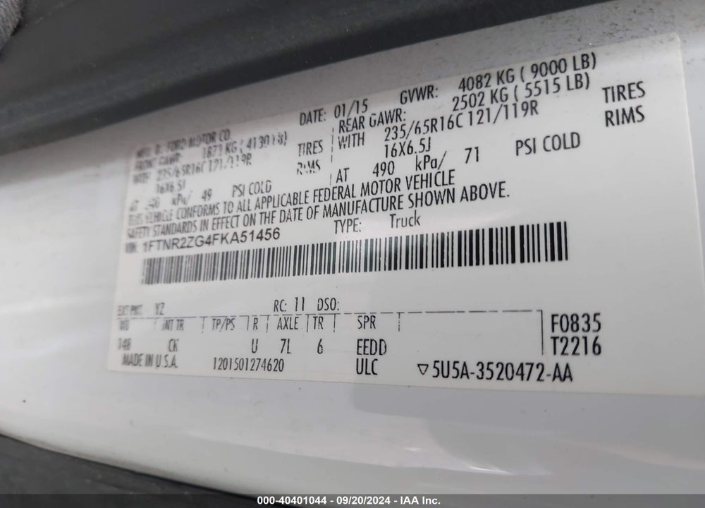 2015 FORD TRANSIT-250 VIN: 1FTNR2ZG4FKA51456