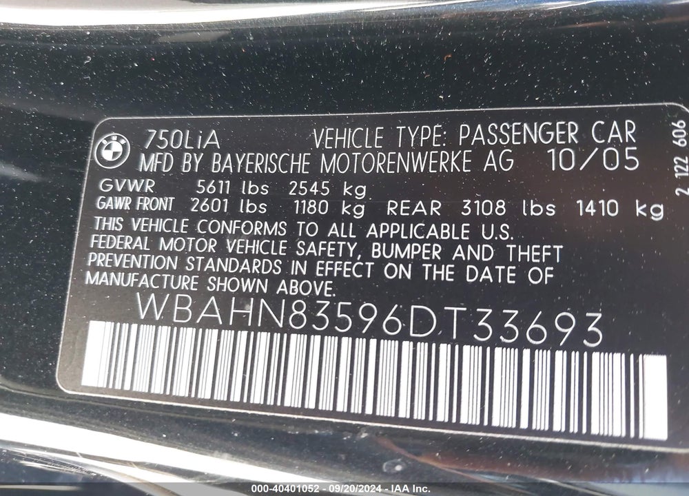 2006 BMW 750LI VIN: WBAHN83596DT33693