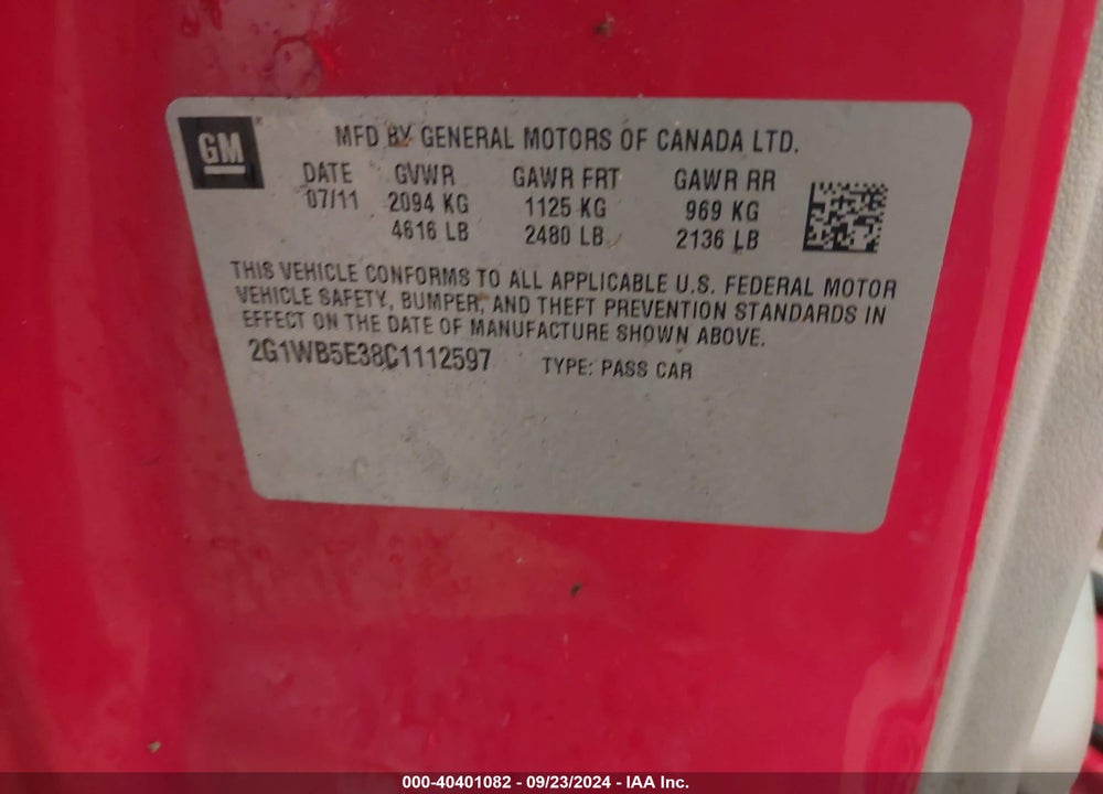 2012 CHEVROLET IMPALA LT VIN: 2G1WB5E38C1112597