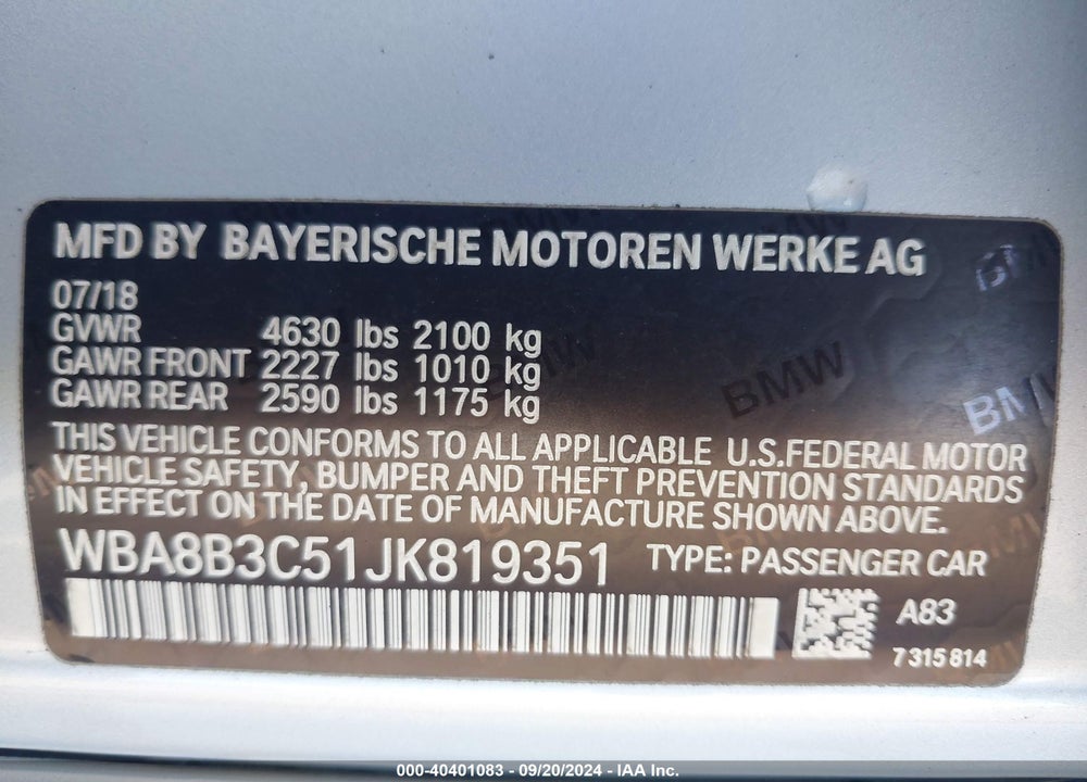 2018 BMW 340I VIN: WBA8B3C51JK819351