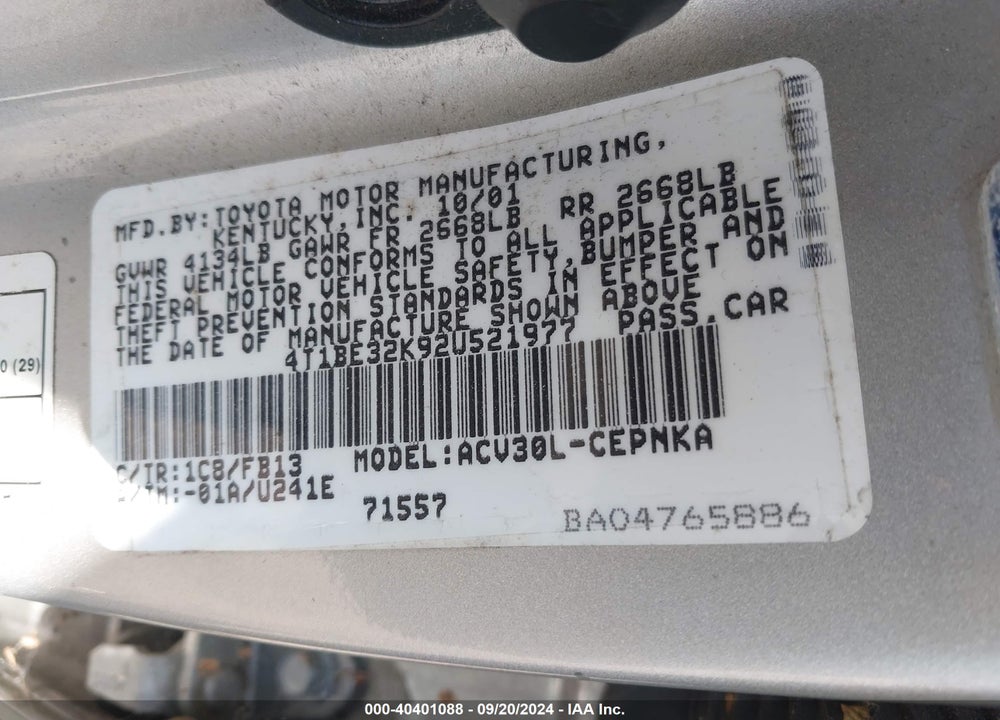 2002 TOYOTA CAMRY LE/SE/XLE VIN: 4T1BE32K92U521977