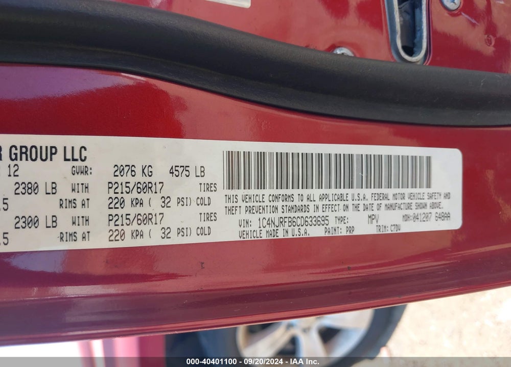 2012 JEEP PATRIOT LATITUDE VIN: 1C4NJRFB6CD633695