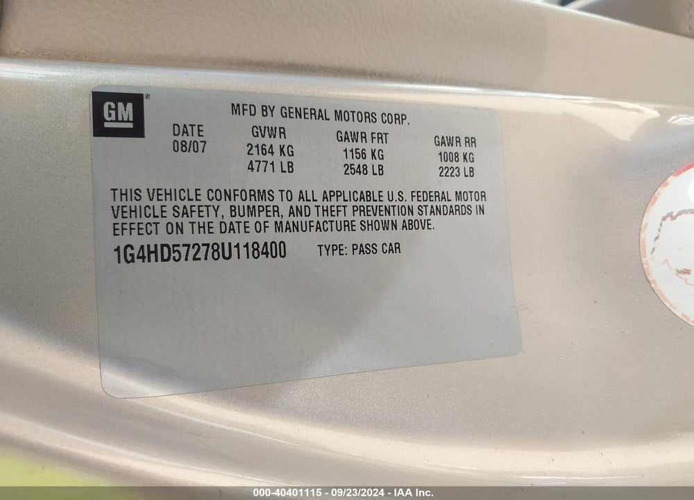 2008 BUICK LUCERNE CXL VIN: 1G4HD57278U118400