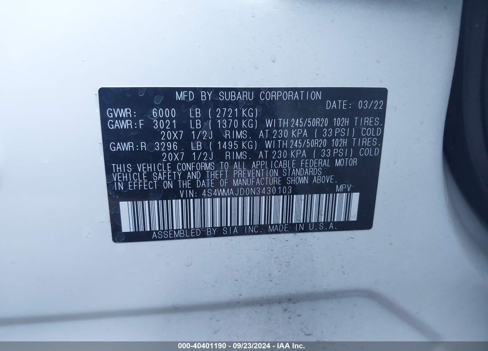 2022 SUBARU ASCENT ONYX EDITION VIN: 4S4WMAJD0N3430103