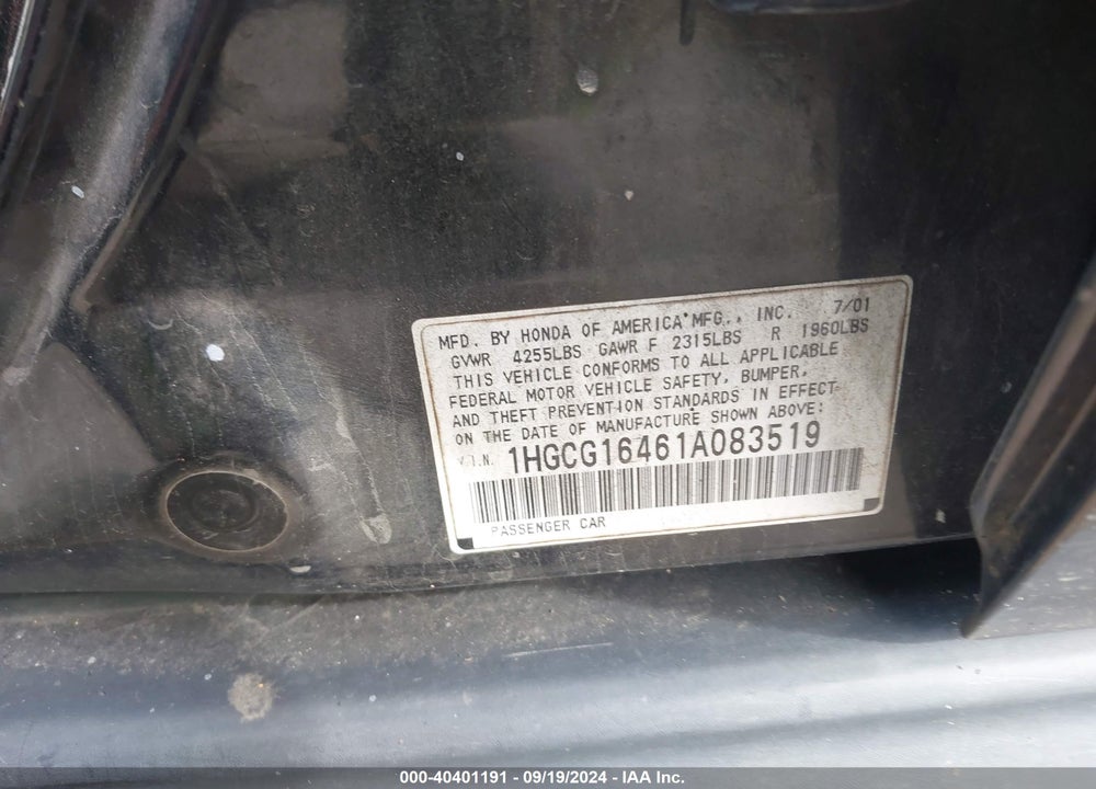 2001 HONDA ACCORD SDN LX VIN: 1HGCG16461A083519