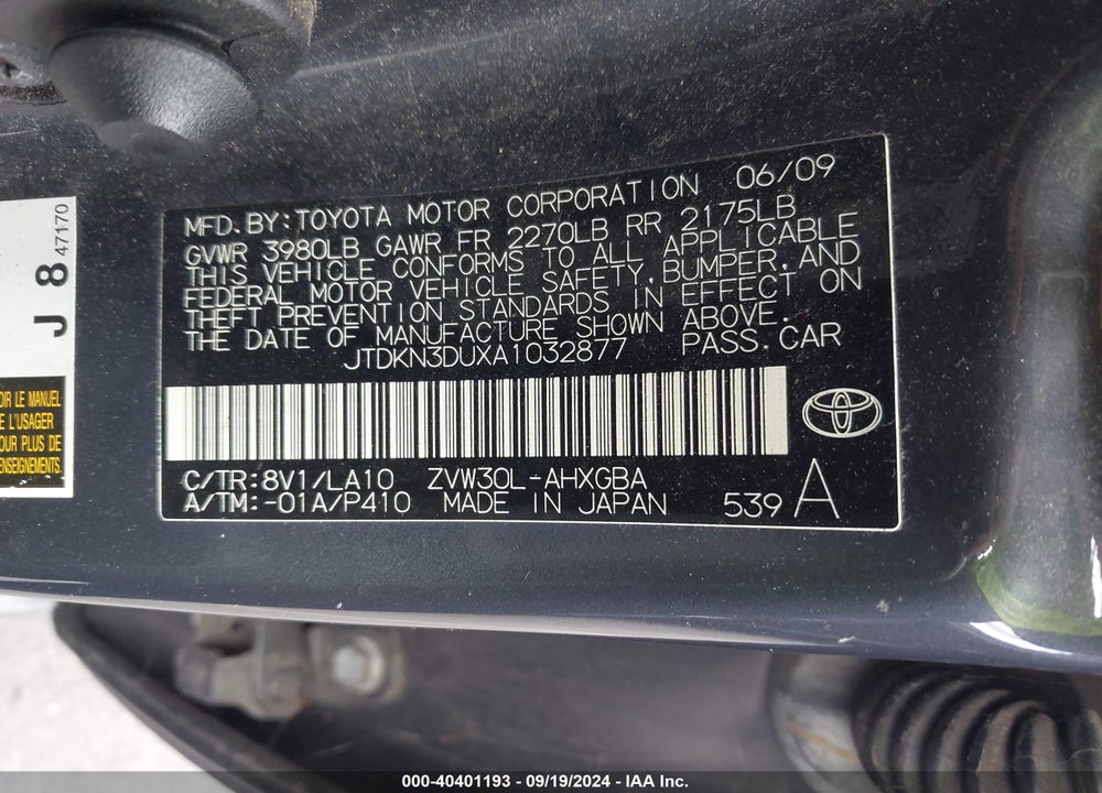 2010 TOYOTA PRIUS IV VIN: JTDKN3DUXA1032877
