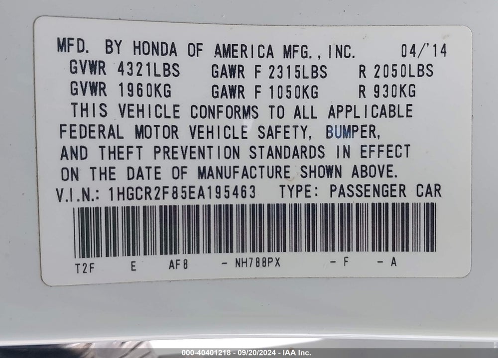 2014 HONDA ACCORD EX-L VIN: 1HGCR2F85EA195463