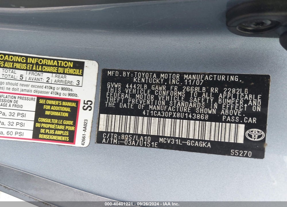 2008 TOYOTA CAMRY SOLARA SLE V6 VIN: 4T1CA30PX8U143868