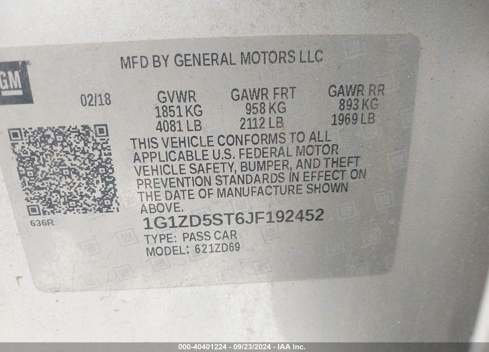 2018 CHEVROLET MALIBU LT VIN: 1G1ZD5ST6JF192452