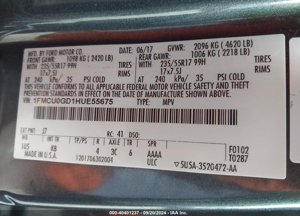2017 FORD ESCAPE SE VIN: 1FMCU0GD1HUE55675