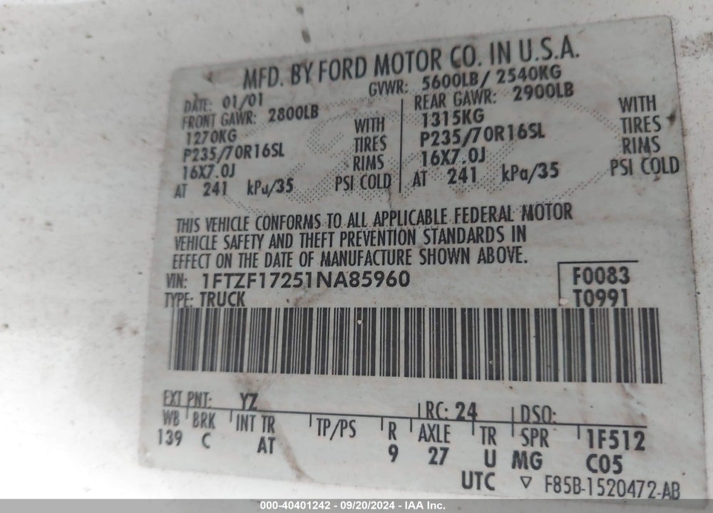 2001 FORD F-150 XL/XLT VIN: 1FTZF17251NA85960